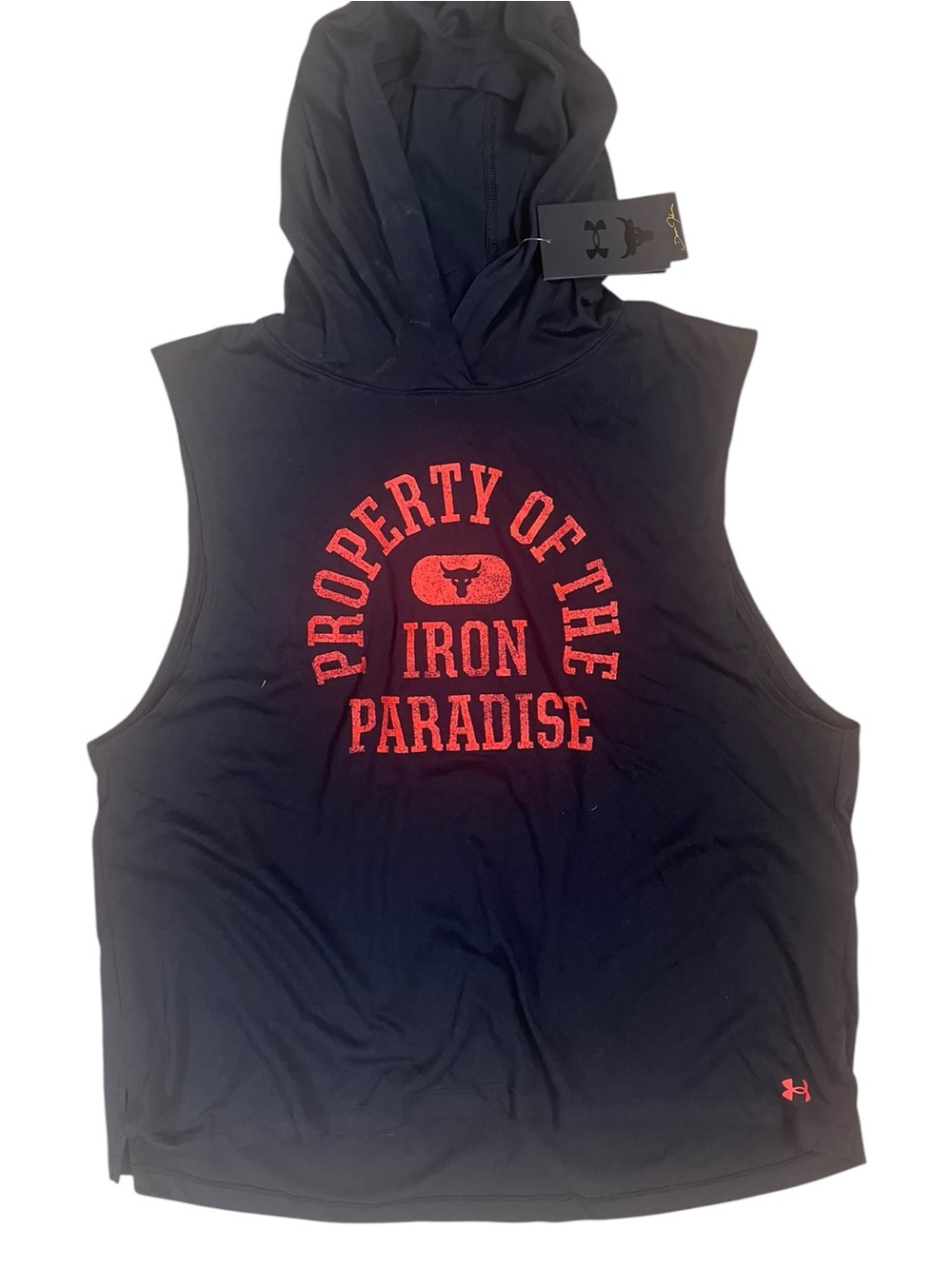 Under Armour Project Rock Sleeveless Hooded T-Shirt Womens XL Iron Paradise NWT